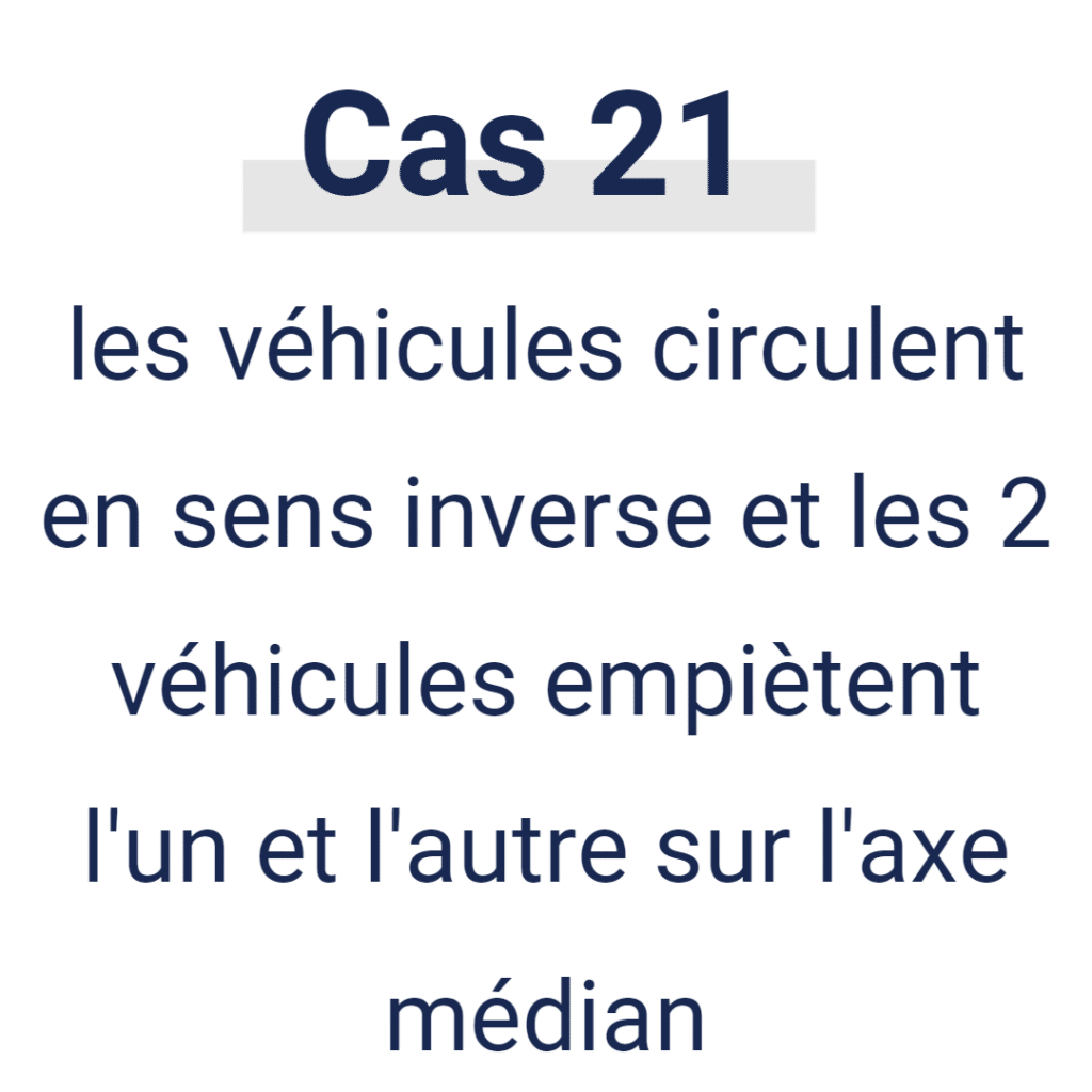 Cas 21 - les véhicules circulent en sens inverse et les 2 véhiculent empiètent l'un et l'autre sur l'axe médian